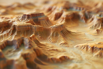 Imagine a 3D relief of a desert landscape, with detailed textures of sand dunes and rock formations