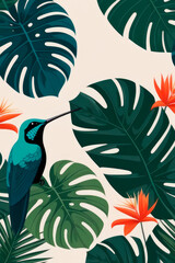 Fototapeta na wymiar Summer pattern background with tropical leaves, flowers, monstera leaves and hummingbird.