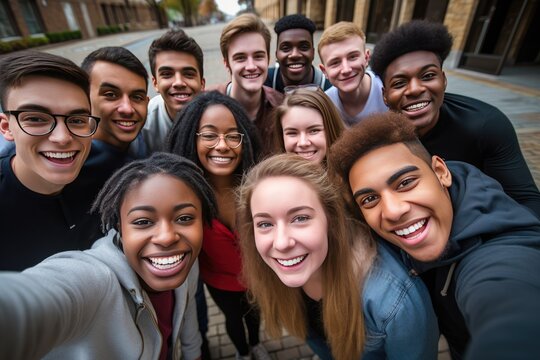group of multicultural students gather together, taking a joyful selfie and flashing their radiant smiles,