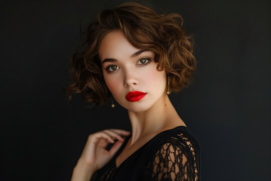 a woman with short brown hair and red lipstick