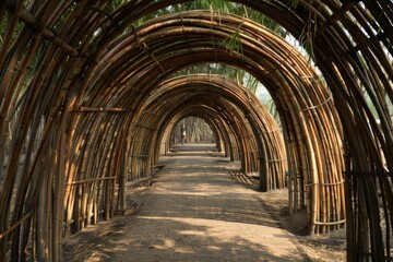 Fototapeta na wymiar A walkway composed of bamboo sticks winding through a park, providing a unique and eco-friendly path for visitors to explore the natural surroundings.