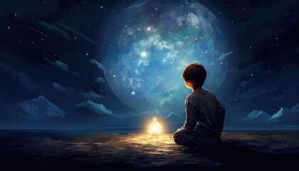 boy pulled the big bulb half buried in the ground against night sky with stars and sky dust