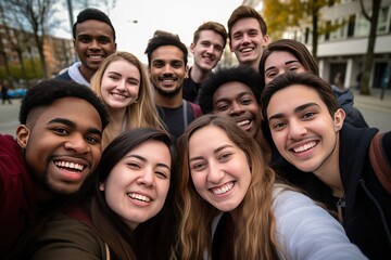 Obraz premium Group of multicultural students gather together, taking a joyful selfie, Ai generated
