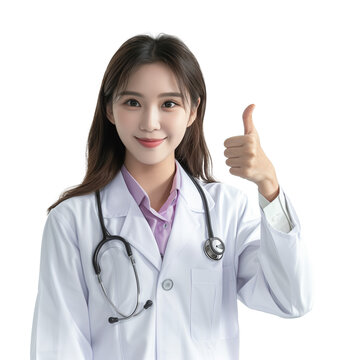 Female Asian Doctor Thumbs Up Isolated on Transparent Background
