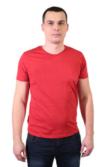 Fototapeta premium Portrait of a handsome man in red T-shirt isolated on white