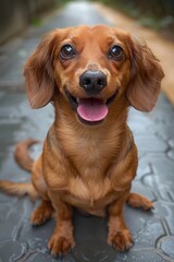 A charming dachshund with an eager expression sits calmly, its shiny coat gleaming as it poses