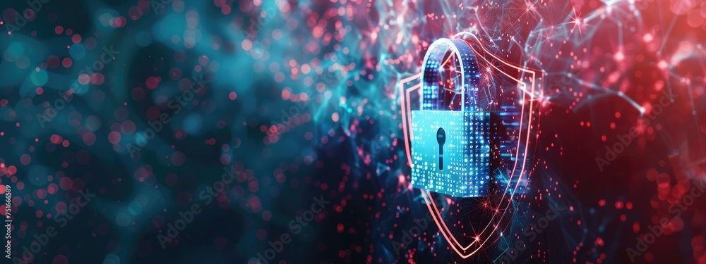 Poster data security technology and privacy specialist. abstract background of a padlock on shield with cop