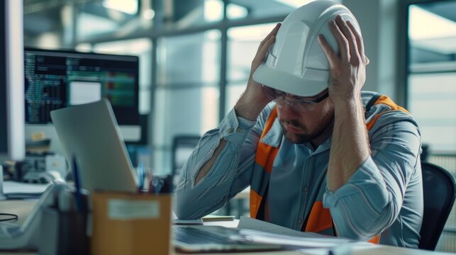 Unhappy Construction engineer stress of Construction project failure. in the office