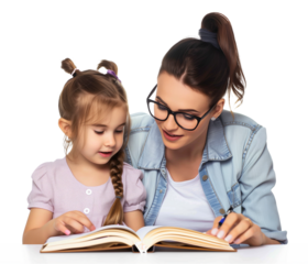 Female Teacher and Girl Kid Student Reading Book Isolated on Transparent Background