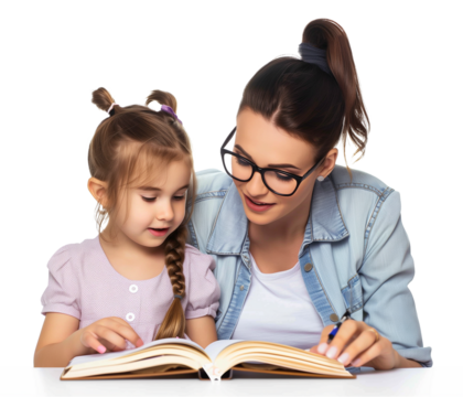 Female Teacher and Girl Kid Student Reading Book Isolated on Transparent Background
- Powered by Adobe