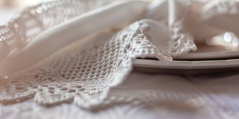 Delicate Crochet Lacework on White Background. Intricate white crochet patterns offering a soft, detailed texture.