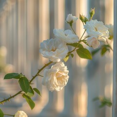 White Flowers Closeup on Blurred Columns Background, Macro Rose, Early Morning in Greece