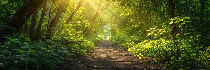 Green Foliage, Mysterious Summer Forest Tunnel, Sunny Path in Dense Vegetation, Copy Space - obrazy, fototapety, plakaty