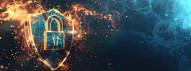 Data security technology and privacy specialist. abstract background of a padlock on shield with copy space. protect data