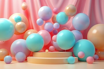 Fototapeta na wymiar Whimsical Pastel Balloons Dancing in a Dreamy Hall of Celebration at Dawn