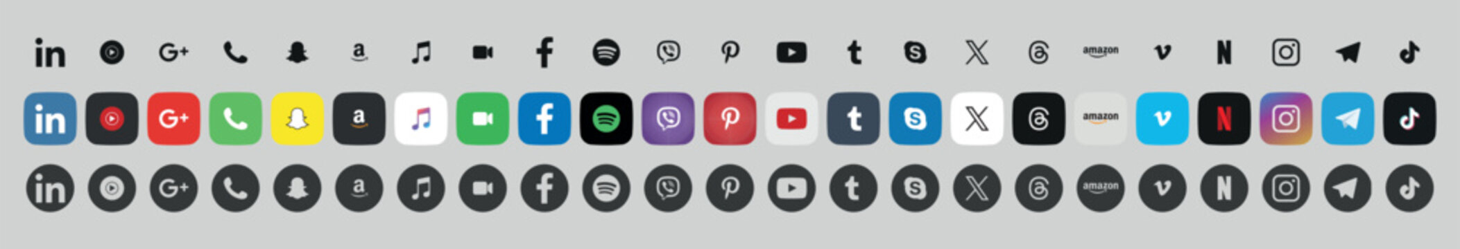 Social media logo icons set vector. Instagram, facebook, tiktok, snapchat, twitter, youtube, spotify, linkedin, telegram, whatsapp, pinterest, vimeo, discord, twitch, tumblr, skype, messenger