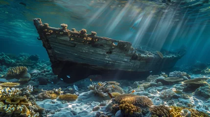 Tuinposter An ancient, sunken ship resting on the ocean floor, surrounded by a vibrant coral reef teeming with marine life. © SardarMuhammad