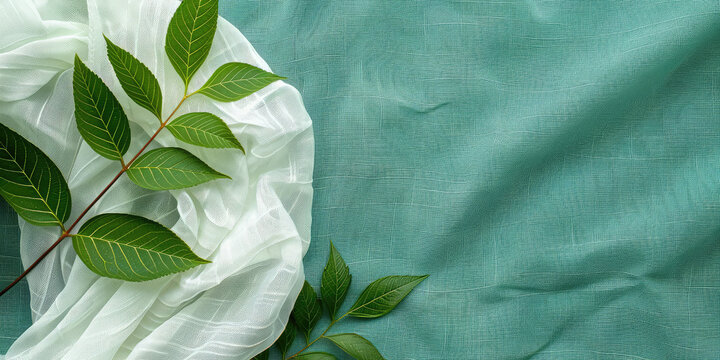 Fresh Henna Leaves with Textured Fabric, copy space. Close-up view of vibrant green henna leaves with a bandage.