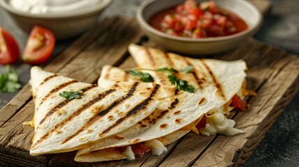 Fototapeta na wymiar Grilled Quesadilla with Melted Cheese and Salsa