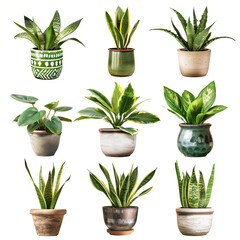 Fototapeta na wymiar collection of small indoor plants , various Sansevieria plants in different pots. isolated on white or transparent PNG. home indoor design