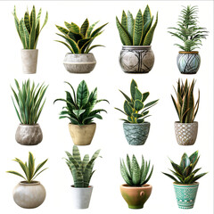 
collection of small indoor plants , various Sansevieria plants in different pots. isolated on white or transparent PNG. home indoor design