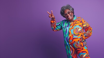 With a peace sign and a grin, this senior woman in a retro kidcore print suit stands against a purple backdrop, exuding cool and colorful confidence.