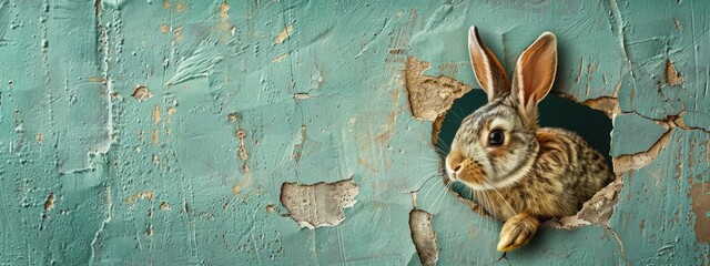Cute rabbit. Easter bunny poster peeking out of a hole in the wall with copy space, rabbit jumps out of a torn hole - obrazy, fototapety, plakaty