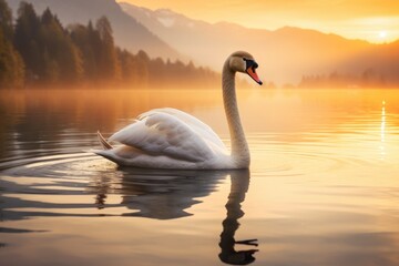 Fototapeta premium A swan gracefully gliding across on a calm lake, A swan on a lake with a sunset, Elegant swan, Ai generated