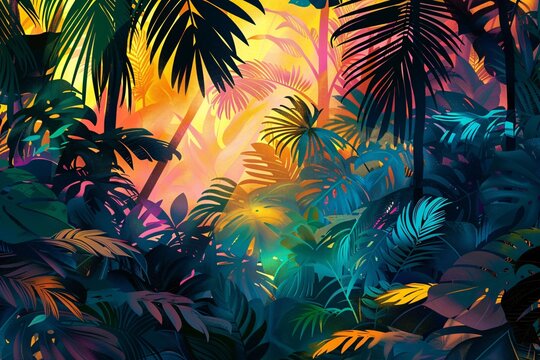 a colorful jungle with palm trees