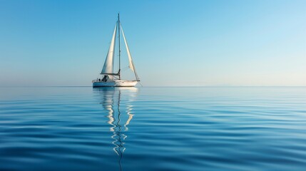 An elegant, solitary yacht sailing on a calm, azure sea under a clear blue sky