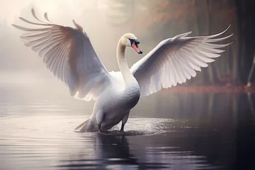 Rolgordijnen A swan gracefully gliding across on a calm lake, A majestic swan gracefully gliding across a serene lake, Ai generated © Tanu