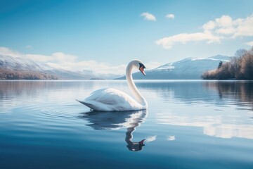 Fototapeta premium Elegant swan gliding gracefully across a serene lake at dawn, A swan gracefully gliding across on a calm lake, Ai generated