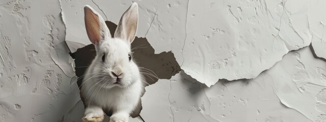 Cute rabbit. Easter bunny poster peeking out of a hole in the wall with copy space, rabbit jumps out of a torn hole - obrazy, fototapety, plakaty