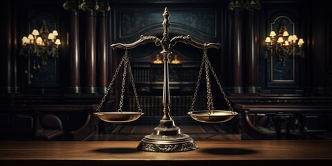 Justice concept. A balance scale in a dark court room. - obrazy, fototapety, plakaty