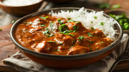 butter chicken, a popular Indian dish, chicken in a creamy tomato sauce with spices and butter, in a traditional Indian dish