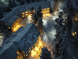 Snow-Covered Mountain Resort Illuminated at Night