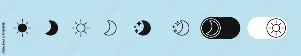 Poster Sun and moon outline icon. Dark and light theme for app concept. Web ui sign. Moonlight and sunlight symbol. Simple flat design. moon and a sun in eps Vector illustration.