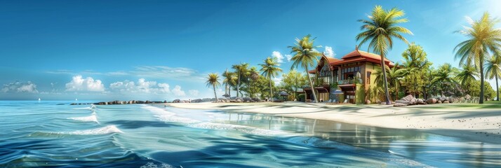 Obraz premium Luxury Hotel on Picturesque Tropical Coast with White Sand, Beautiful Wild Beach Resort