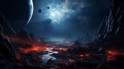 An otherworldly alien landscape illuminated by the glow of lava flows under a sky with multiple moons