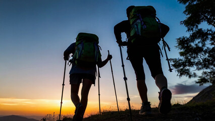 Fototapeta premium Mountain travel hike people adventure man summer journey tourism group sunset trekking. Hike travel people walk active backpack nature together sport young outdoor tourist hiker person