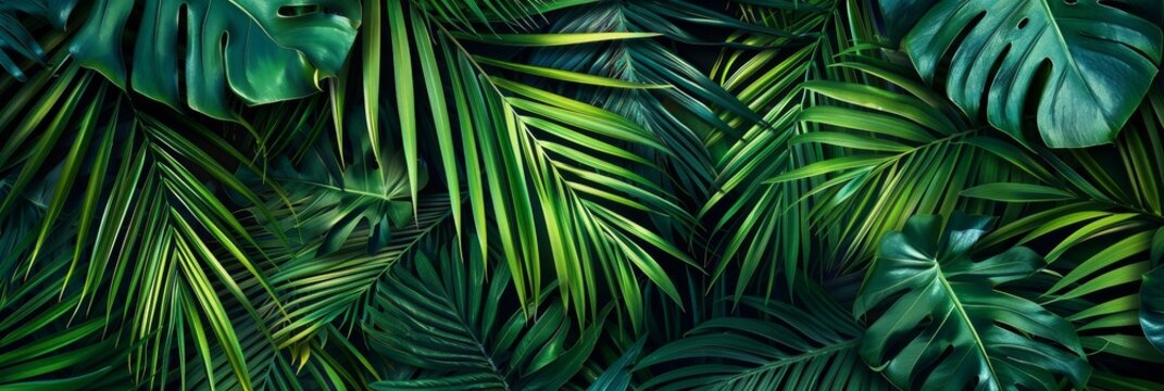 Fototapeta Palm Leaf Pattern, Lush Jungle Background, Exotic Tropic Foliage, Palm Leaves Silk Embroidery