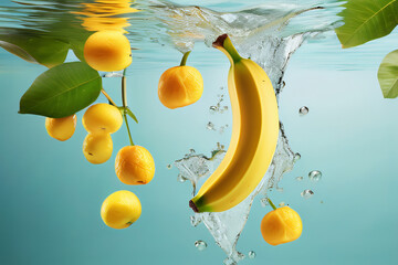Bananen die in Wasser fallen Nahaufnahme Hintergrund