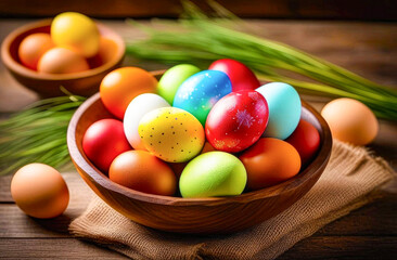 Fototapeta na wymiar Happy Easter. Perfect colorful handmade easter eggs on wooden rustic table for your decoration in holiday. Spring and easter concept