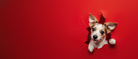 An exuberant puppy creates a hole in a red paper wall, suggesting playfulness and a burst of energy - 751670353