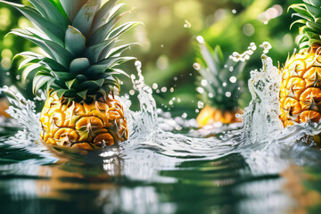Ananas die in Wasser fallen Nahaufnahme Hintergrund