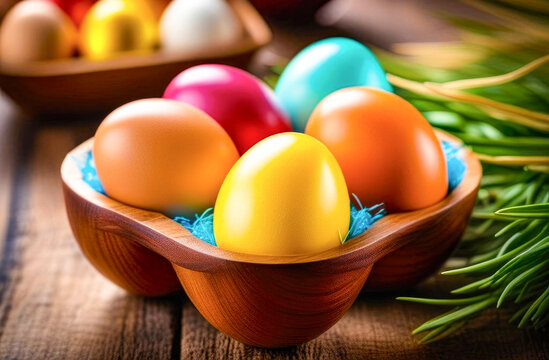 Happy Easter. Beautiful colorful easter eggs close-up on wooden background