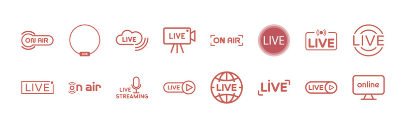 Stream broadcast online meeting icon. Set of live streaming icons. Set of Live broadcasting icons. Podcast headphones camera internet conference chat recording a webinar - 751670764
