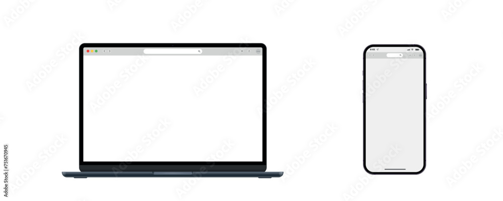 Poster Web site engine with search box, address bar and text field. UI design, website interface elements. Web template for concept design. Web search concept. Vector. Computer, phone, sizes.