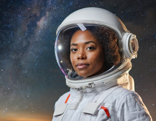 Black woman in astronaut suit, in the background a starry sky, created with generative AI technology. - 751671156
