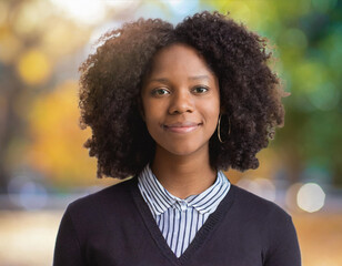 Photographic portrait of a black young woman on blurry background, created with generative AI technology. - 751671159